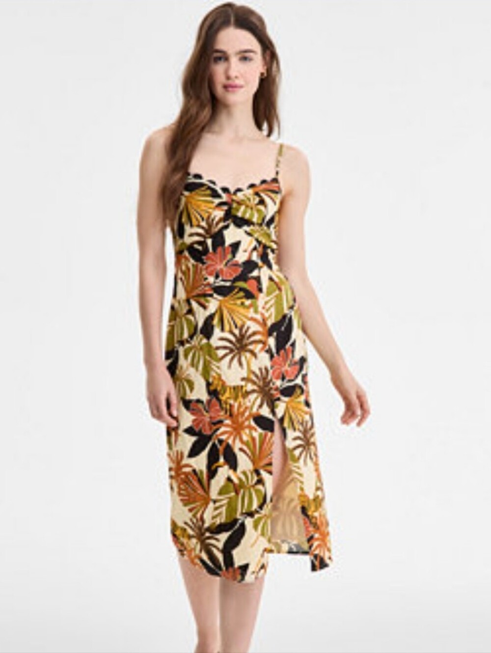 Row A Size L Tropical Floral Cotton Midi Dress Cutout Slit NWT Tropical Resort